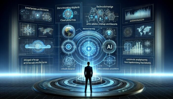 A futuristic marketing office with AI, machine learning, and enhanced cloud security measures.