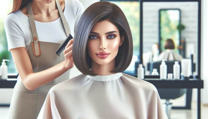 Woman with chic graduated bob getting a trim in modern salon, showcasing healthy, shiny hair.