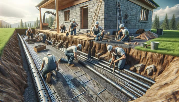 Professional team in Coquitlam installing weeping tiles around a home's foundation for optimal drainage.