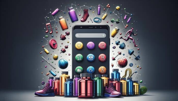 A smartphone displaying Snapchat with colourful supplement bottles and fitness icons, illustrating advertising strategies.