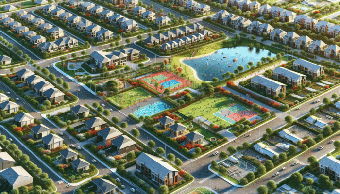 Aerial view of Mahikeng's family-friendly neighborhoods with parks, schools, and diverse homes amidst greenery.