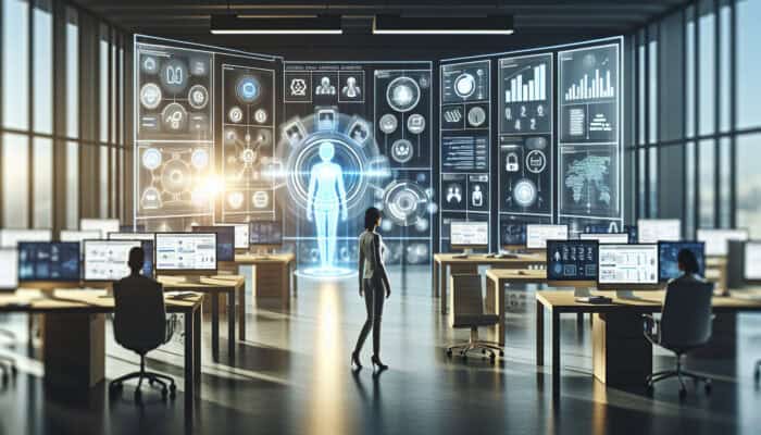 A virtual assistant in a modern office, managing screens with project timelines, data analytics, and communication tools for a non-profit.