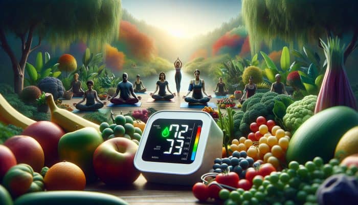 A person practicing yoga in a garden with healthy foods and a normal blood pressure reading.