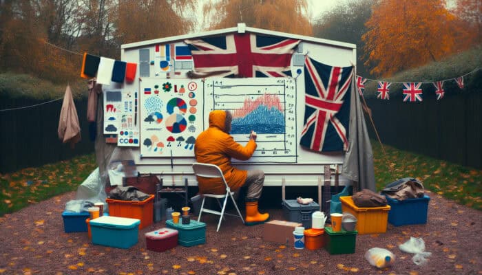 Person in layered autumn clothing using weatherproof containers and tarps during outdoor decluttering in UK, amidst rain and wind.