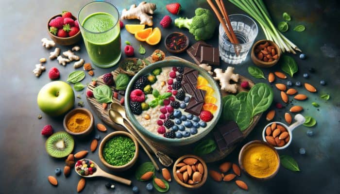 A vibrant breakfast table with oats, berries, nuts, green smoothie, vegetables, spices, and drinks.