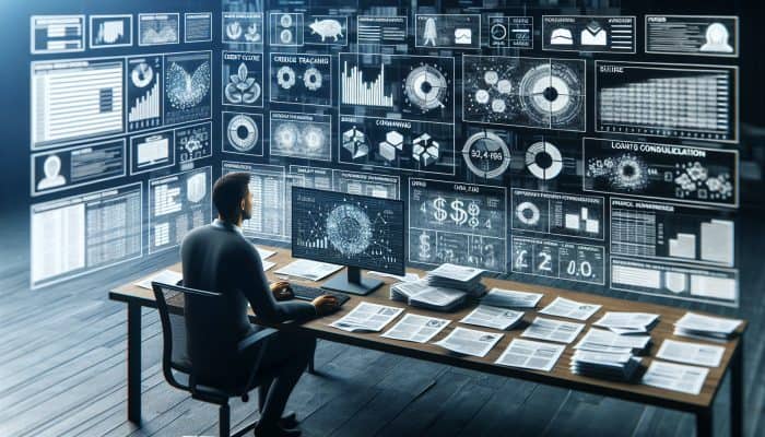 Person analyzing financial charts, credit score, budget, and loan documents on a desk.