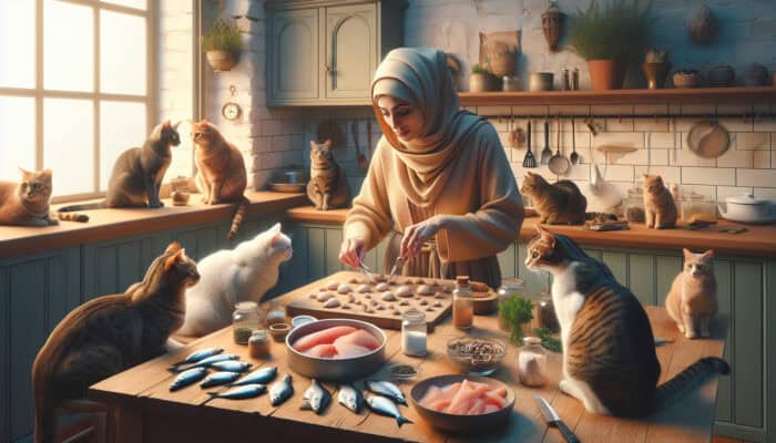 A person making gourmet cat treats in a cozy kitchen, surrounded by curious cats and ingredients.