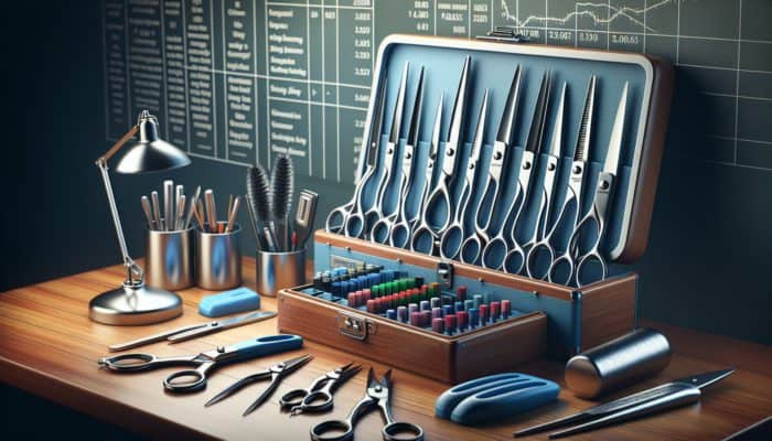 A set of clean, sharp scissors and clippers on a workbench with cleaning tools and storage case.