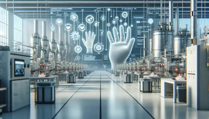 A futuristic factory in Ashford producing eco-friendly, customizable biodegradable medical gloves.