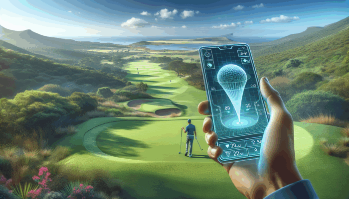 Golfer using GolfLogix app on South African course, showing GPS map and rangefinder with hole visualization.