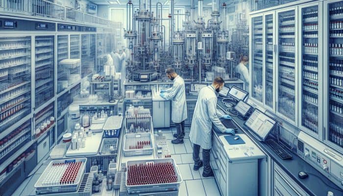 Modern laboratory in Falkirk: Technicians in white coats handle blood samples amid equipment, as a doctor educates patients on fasting.