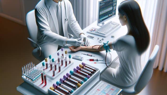Healthcare professional in white coat drawing blood from arm with syringe in sterile clinic, with labeled test tubes and equipment for Vitamin B12 testing.