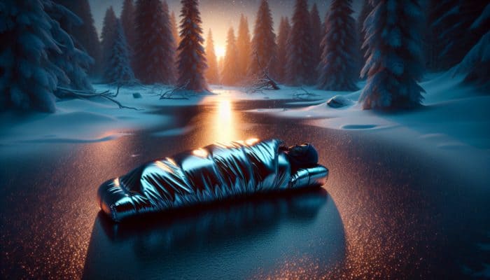 In a snowy wilderness at dusk, a hiker rests inside a shiny metallic emergency sleeping bag, trapping body heat against freezing elements.