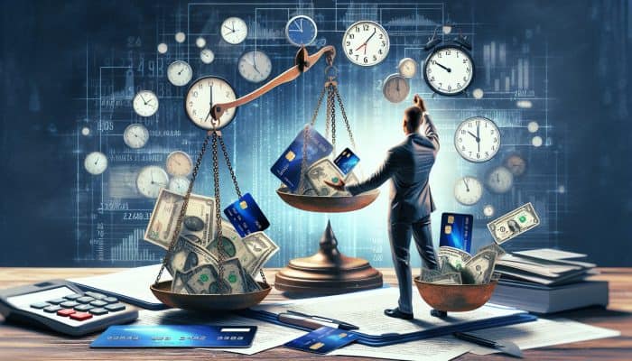 A person organizing financial documents with clocks and calendars, showing improved creditworthiness through reduced credit card and loan balances.