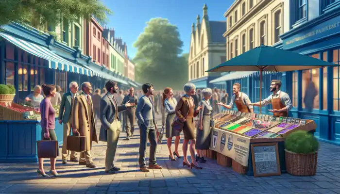 A bustling Cheltenham market with a trusted local supplier showcasing certified UK-compliant products to engaged customers for informed decisions.