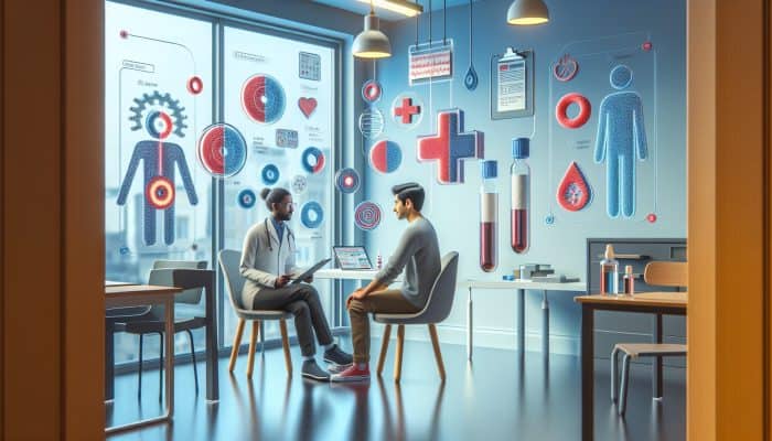 A diverse patient consults a doctor about a gluten intolerance test in a modern UK clinic, surrounded by medical charts, vials, and celiac posters under rainy windows.