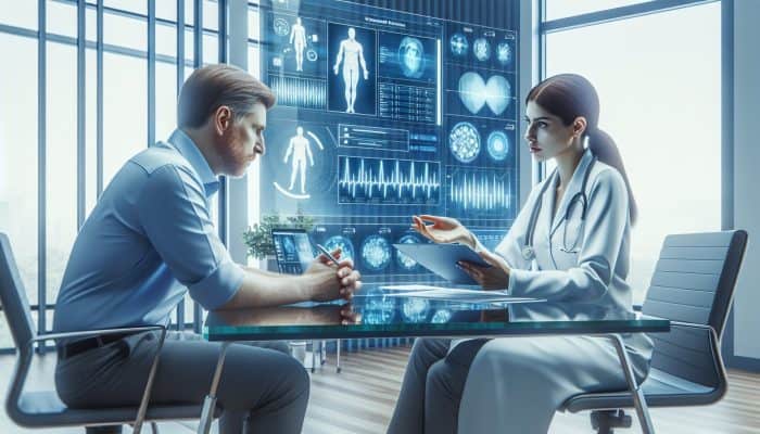 A diverse male patient discusses low testosterone symptoms with a UK GP, viewing blood test results on a digital screen.