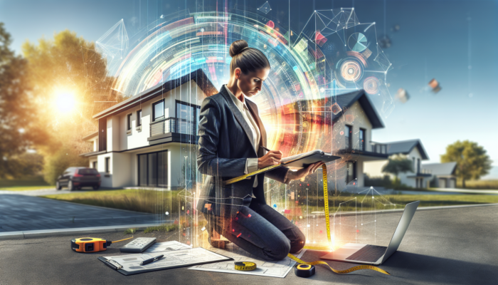 A real estate appraiser in a suit inspects a modern suburban home using a clipboard, measuring tape, and laptop, with floating charts in a sunny setting.