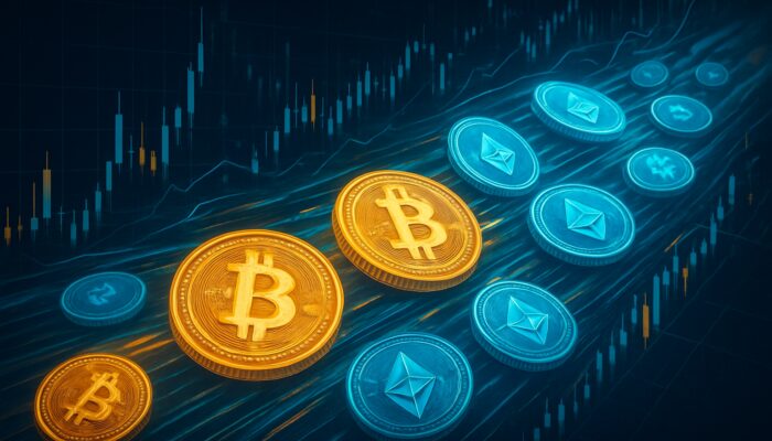 Holographic Bitcoin and Ethereum coins flowing through busy crypto trading charts, illustrating high market liquidity.