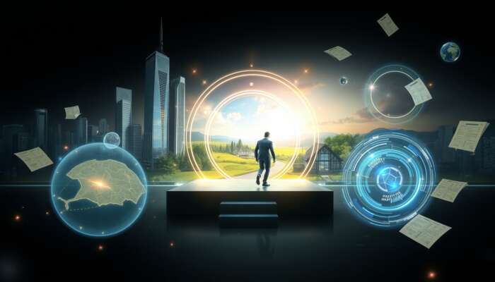 Futuristic explorer in sleek suit steps through glowing portal from urban skyscraper to countryside estate, surrounded by holographic maps and energy vortices.