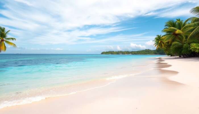 Placencia beach in Belize showcasing a tranquil shoreline, palm trees, and a clear coastal atmosphere