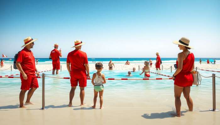 Beach scene featuring lifeguards in red uniforms monitoring swimmers in designated areas, families wearing hats and sunglasses enjoying the sunny day.