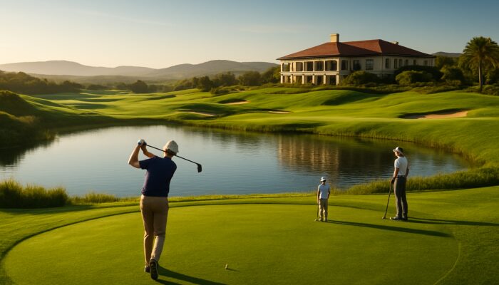 Lush Oubaai Golf Club course showcasing pristine greens, shimmering hazards, enthusiastic players teeing off, and an impressive clubhouse.