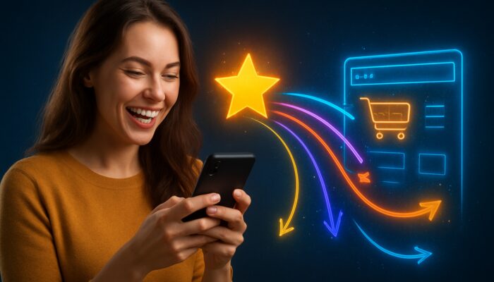 Joyful customer on smartphone posting review, with vibrant links to bustling e-commerce site symbolising SEO growth.