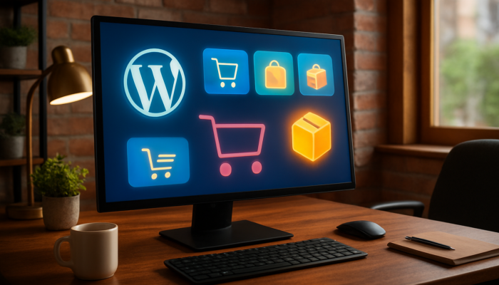 Dynamic WordPress dashboard in a Bridport office, featuring WooCommerce e-commerce icons and shopping carts.
