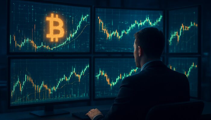 Trader examining cryptocurrency charts on multiple screens during a backtesting simulation.