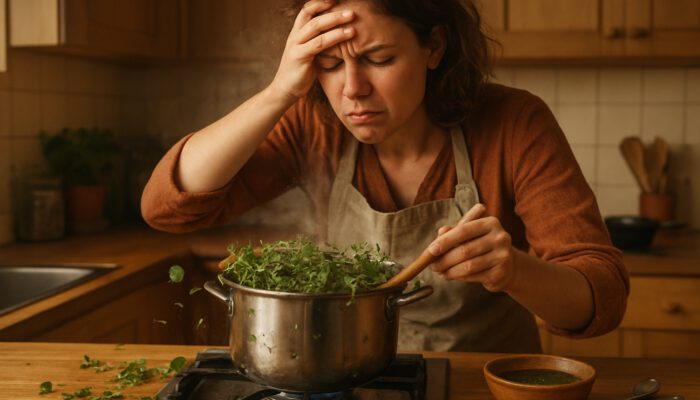 Frustrated herbalist stirring an overheating pot of green herbs, with spilling leaves and unstrained syrup nearby.