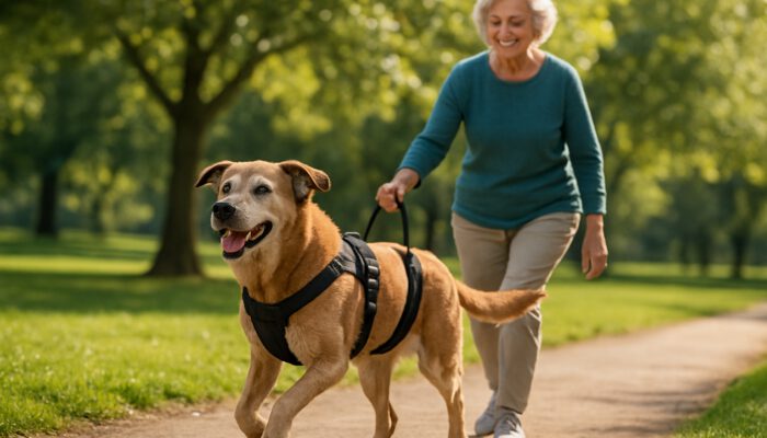 Senior dog in rear harness trots joyfully through sunny park with smiling owner