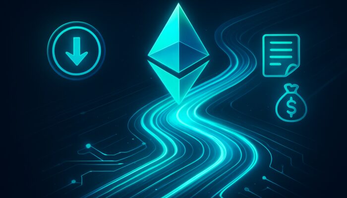 Visual representation of declining Ethereum gas fees through optimised blockchain pathways.