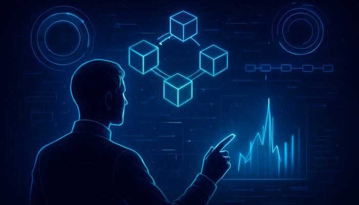 Futuristic analyst examines holographic blockchain charts for gas fee spikes amid neon cyber timelines