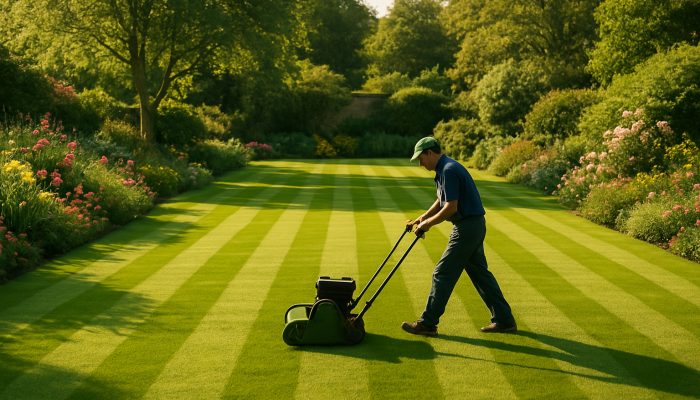 Gardener meticulously mowing a perfectly striped lush lawn in a serene Yeovil garden adorned with blooming flowers.
