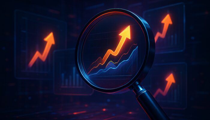 Surreal cyberpunk magnifying glass over digital posts displaying glowing upvote trends and audience graphs.