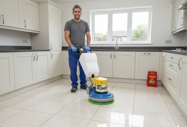 Technician assessing dull traffic areas on a porcelain tile floor