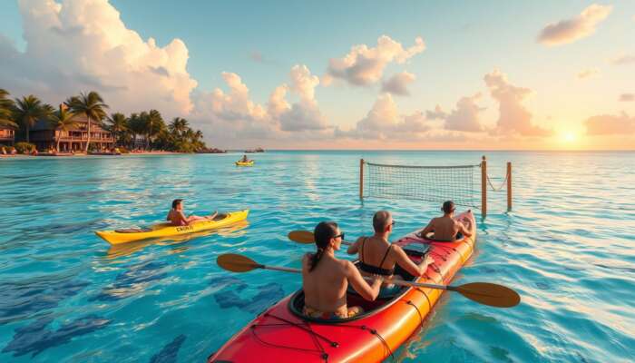 Vibrant all-inclusive resort scene: guests kayaking in turquoise waters, snorkeling coral reefs, playing beach volleyball under palm trees, and enjoying a sunset cultural show.