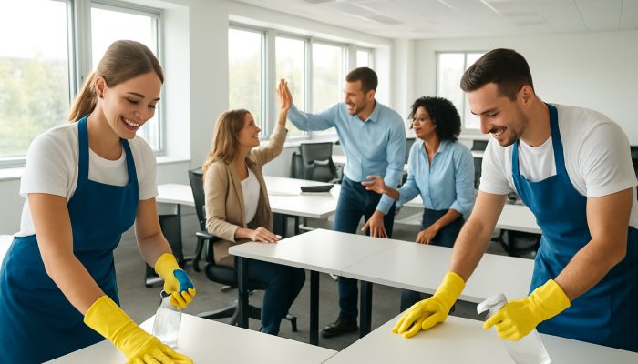 Professional cleaners sanitising bright modern office as joyful employees collaborate energetically