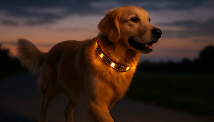 Golden retriever at dusk wearing a glowing solar-powered LED collar with integrated solar panels for visibility.