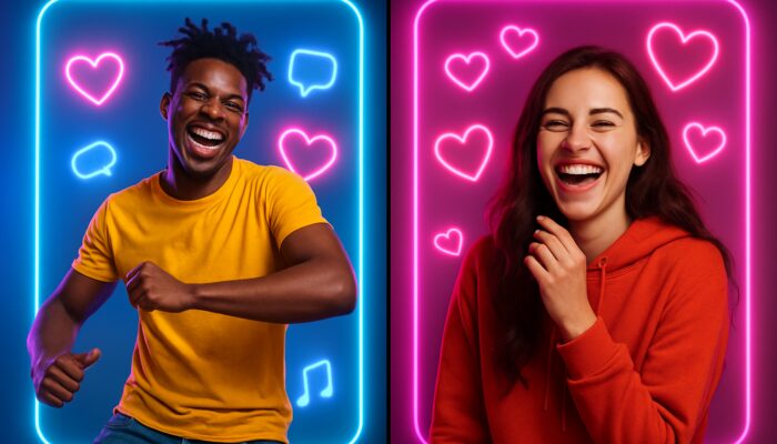 Split-screen TikTok duet featuring two dynamic creators dancing and laughing against a backdrop of neon lights and hearts.