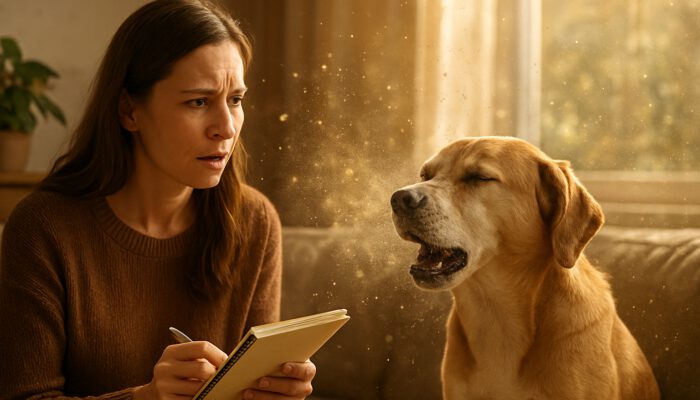 Concerned owner watches sneezing dog amid pollen, dust, and mold spores in sunlit living room.