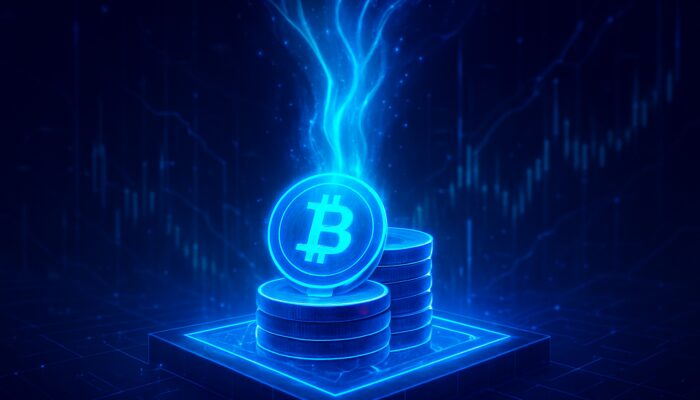 Neon cyber visualisation of stacked glowing crypto tokens with upward reward streams for staking rewards calculation.