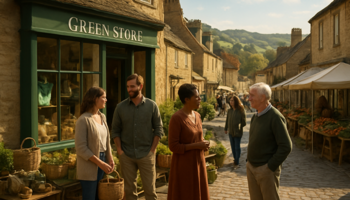 Owners chatting with locals at cozy eco-friendly shop in historic Gloucester near Cotswolds hills.