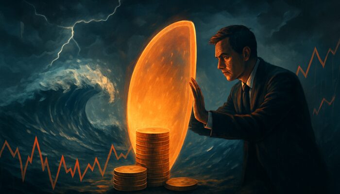 Trader safeguarding gold coins from market fluctuations with a glowing risk per trade shield amidst volatile charts