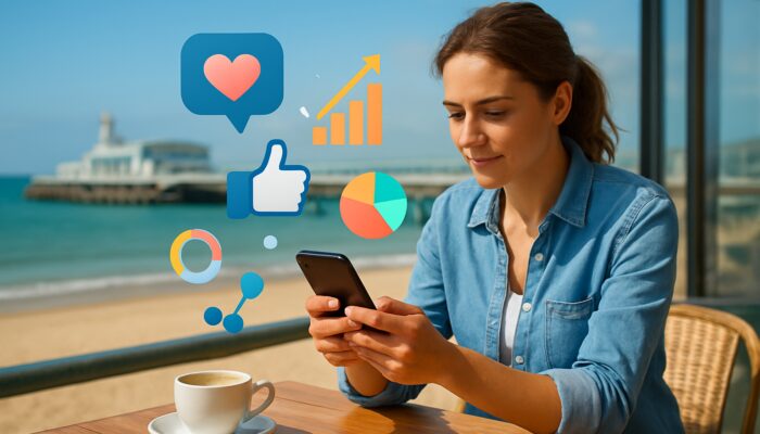Small business owner strategising on smartphone in a Bournemouth beach café, overlooking charts and the sea