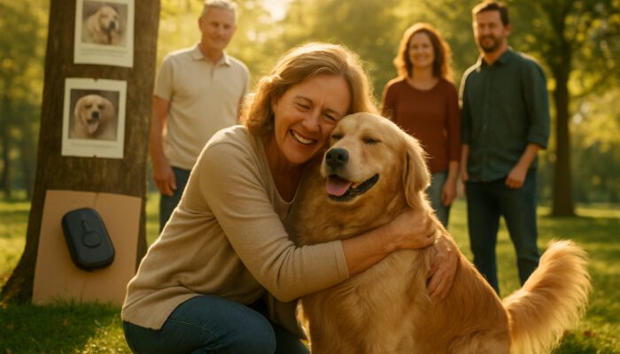 Golden retriever reunited with relieved owner in sunny park amid search posters and GPS tracker.