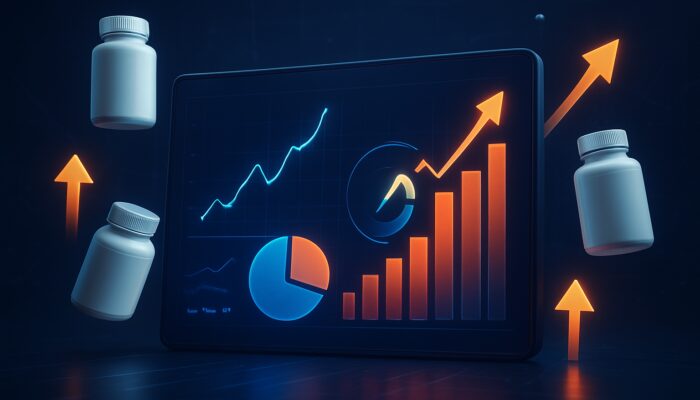 Vibrant digital dashboard showcasing CPA and ROAS graphs alongside floating vitamin bottles and rising sales arrows.