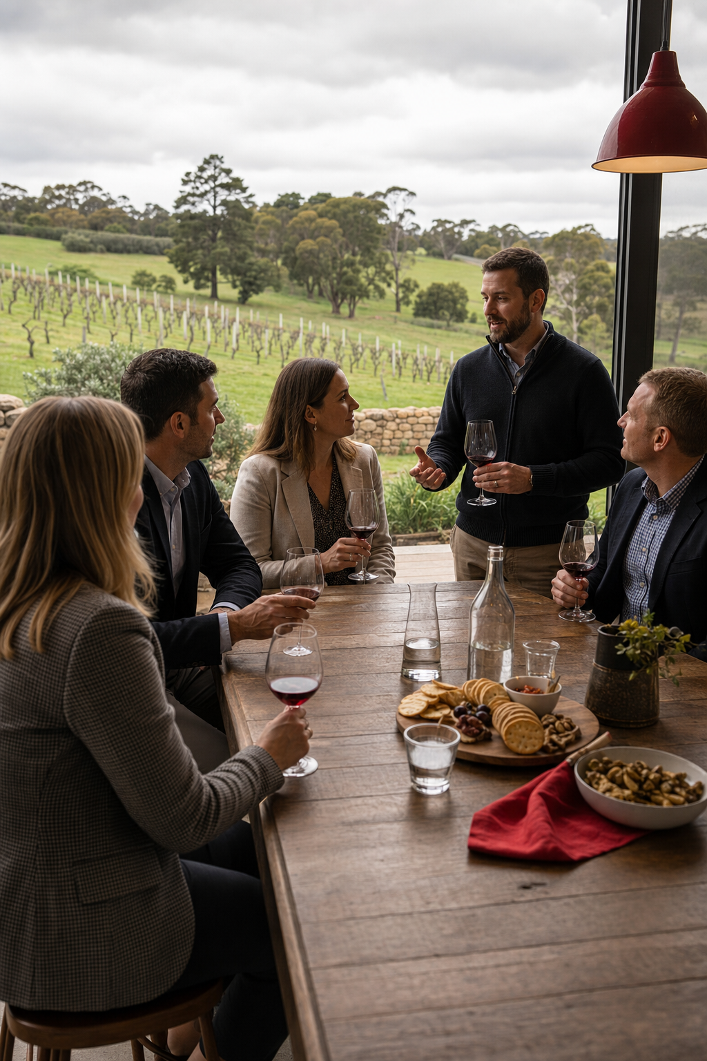 Macedon Ranges boutique wine tour featuring a corporate group during a cellar door tasting.