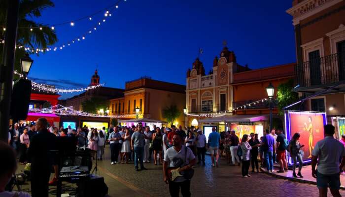 Vibrant Cervantino Festival scene in San Miguel de Allende: jazz musicians performing under lights, theatrical acts in plazas, art displayed on colonial buildings, and a lively crowd.
